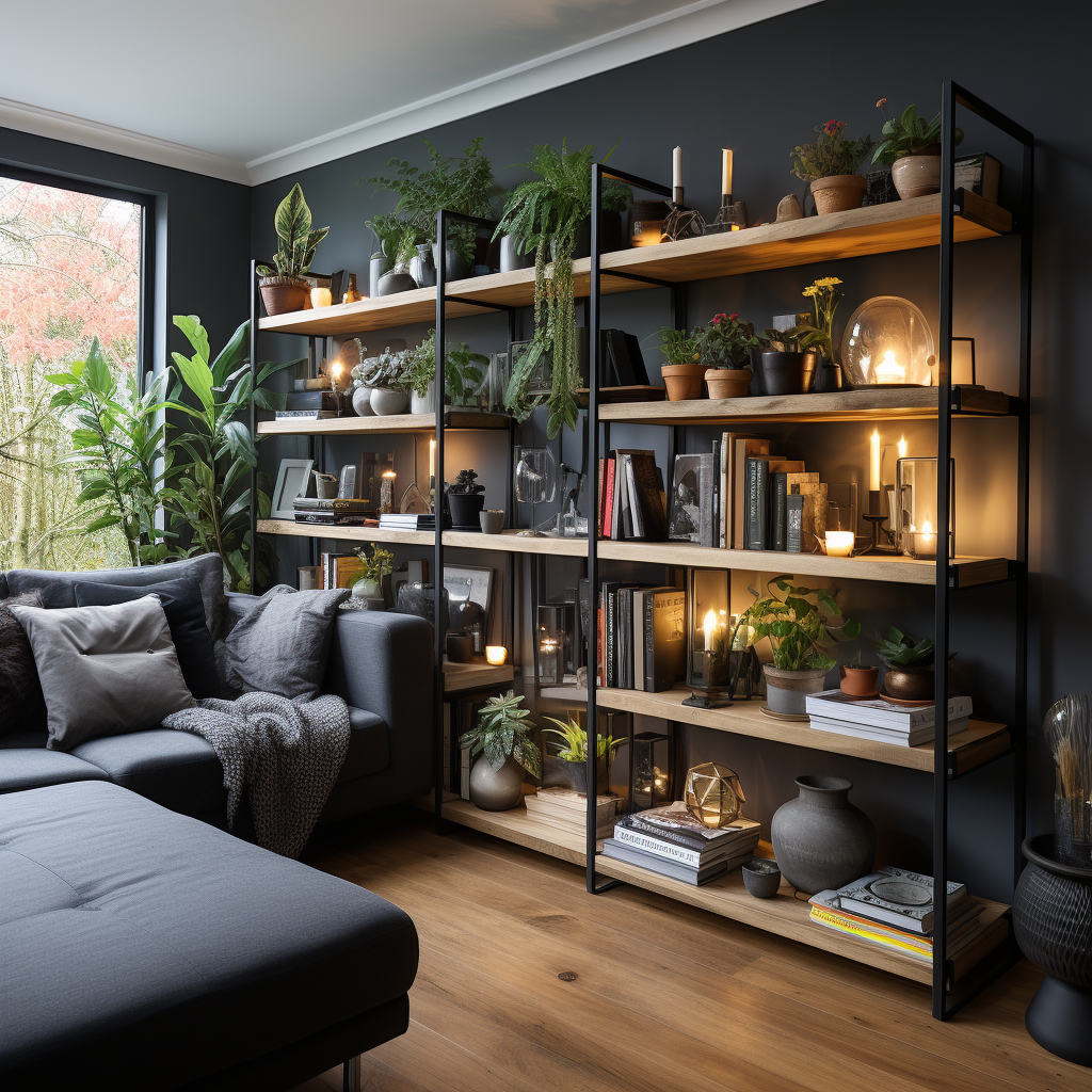 Black iron and wood bookcase shelves