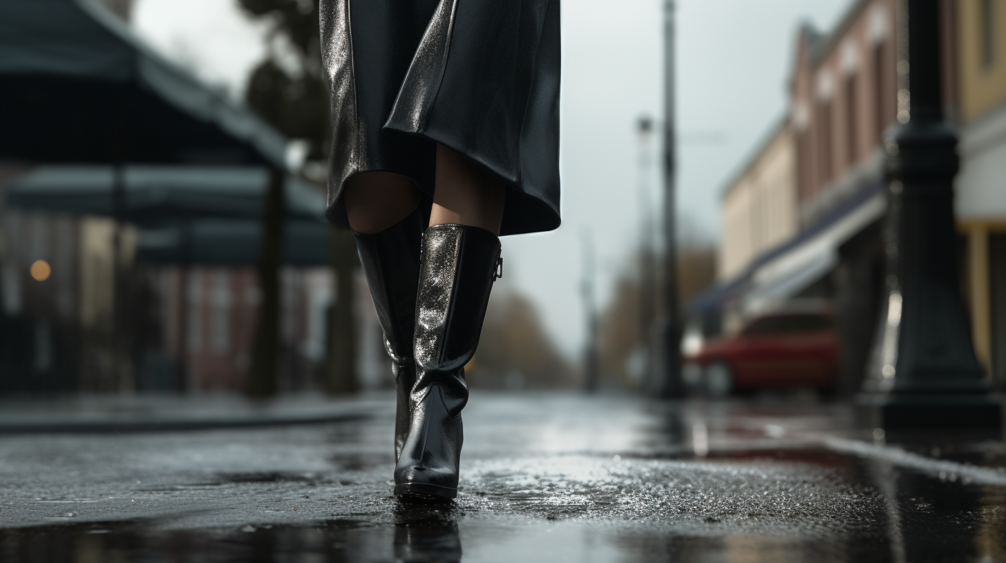 Elegant black knee-high ladies boot walking on wet sidewalk