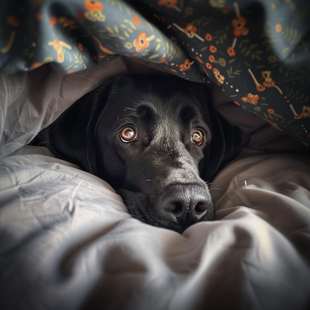 Cute black labrador under bed