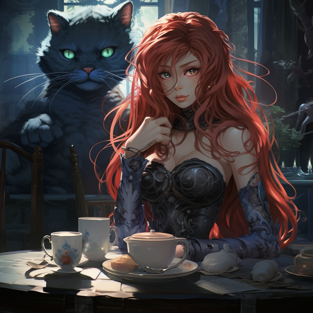 Elven Woman with Cheshire Cat Drinking Tea