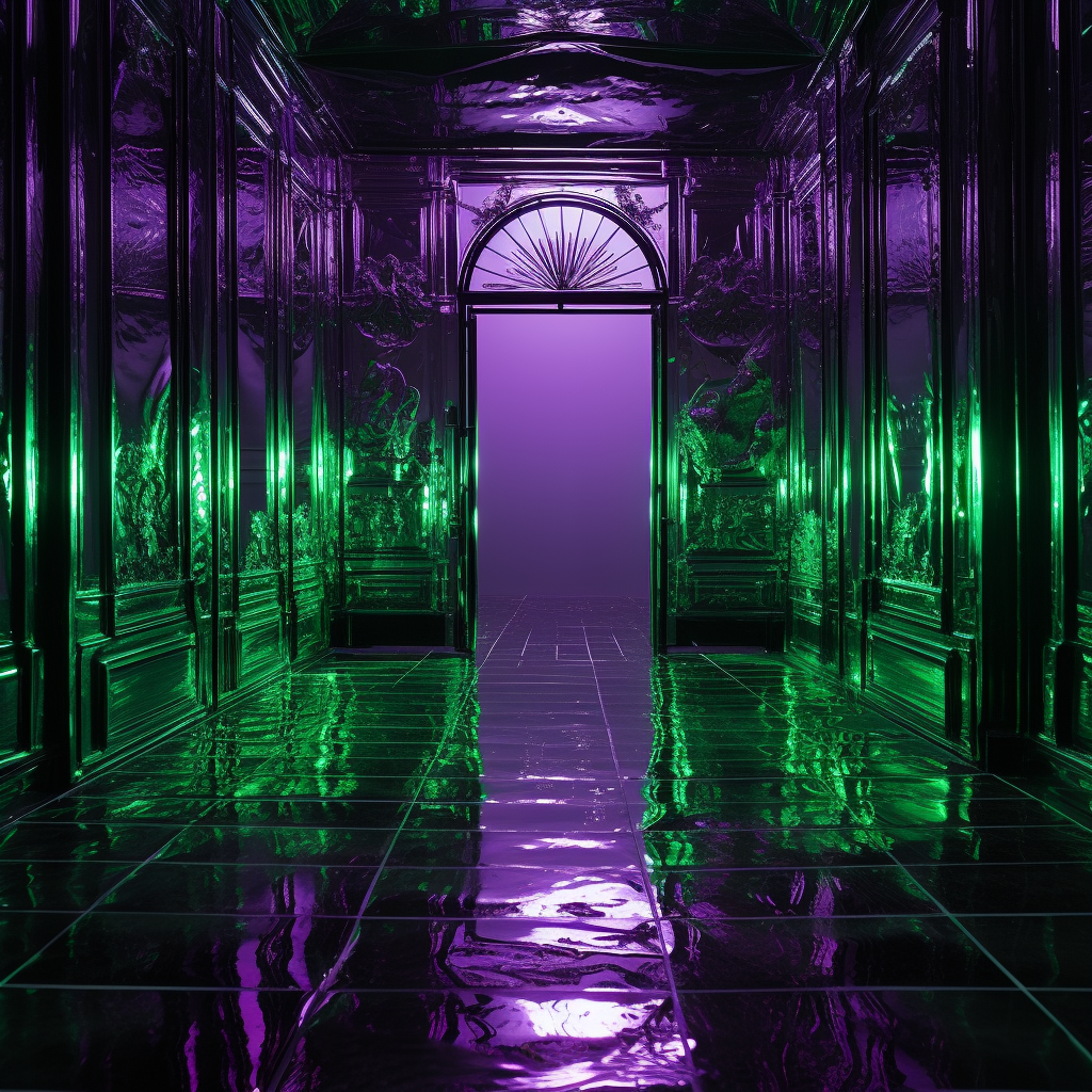 Shiny demonic gate with green and purple light reflections