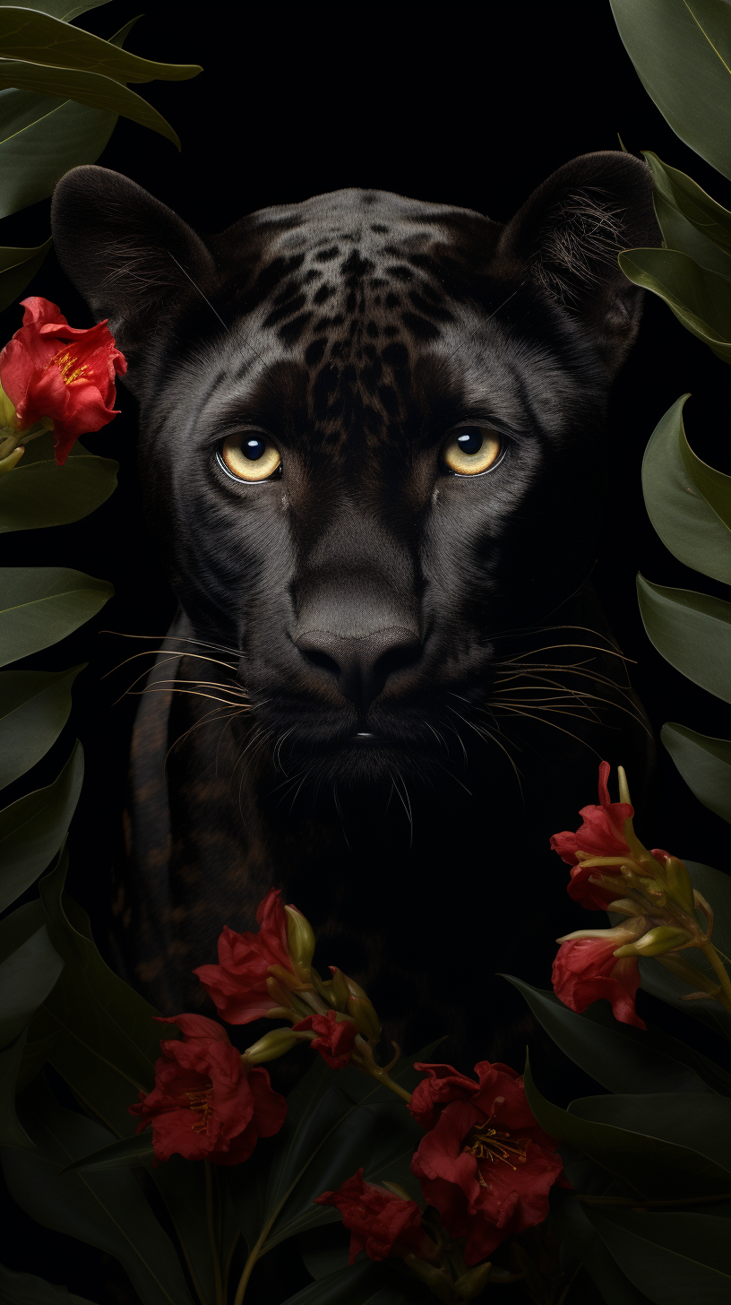 Beautiful black leopard with floral background