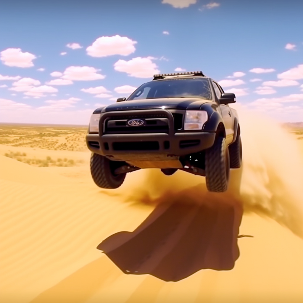 Black Ford Ranger Jumping Dune in Desert