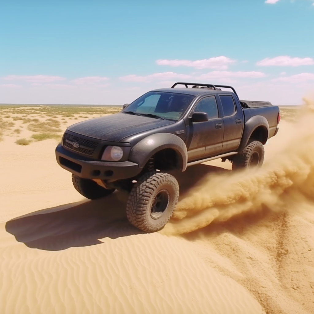 Black lifted Ford Ranger jumping dune in desert