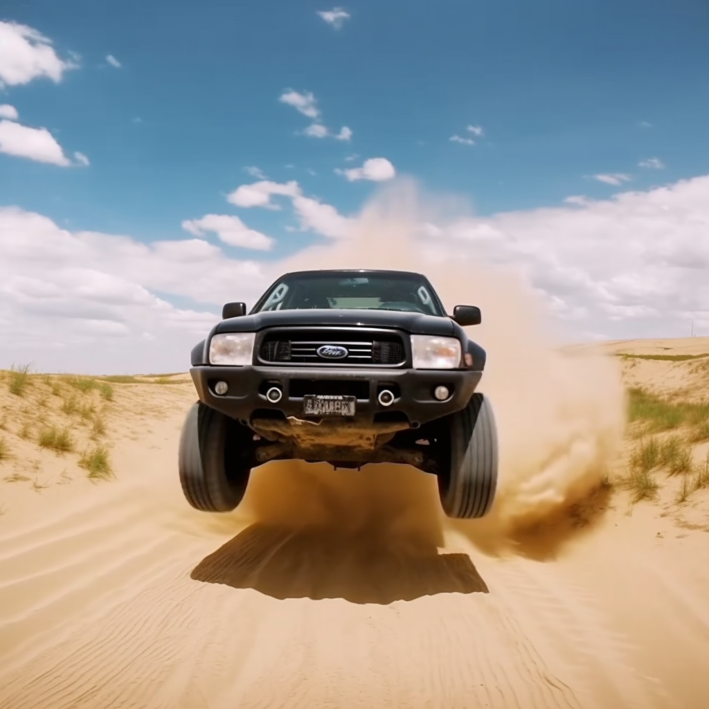 Black Ford Ranger jumping dune in desert