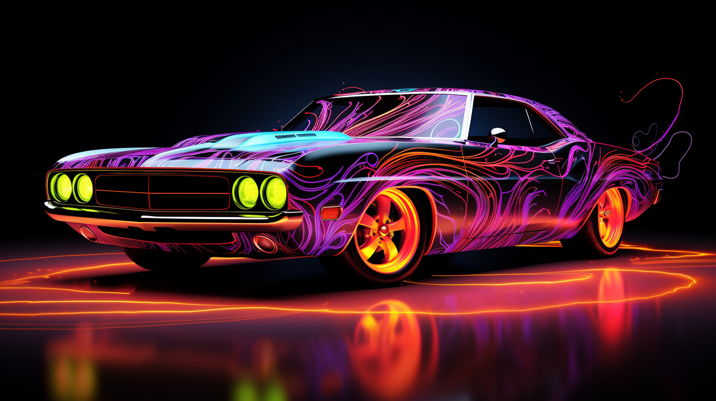 Sleek black muscle car under black light