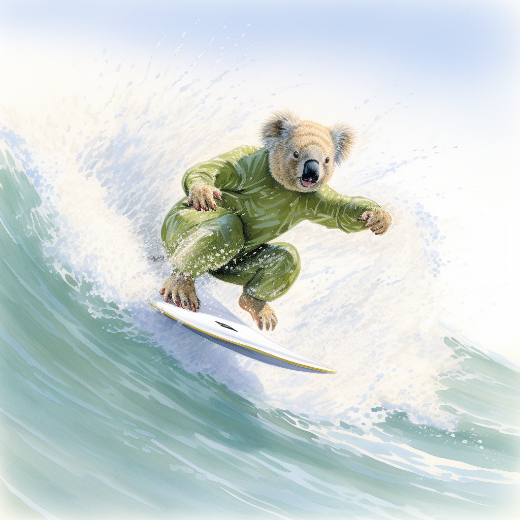 Black line drawing of a surfing koala