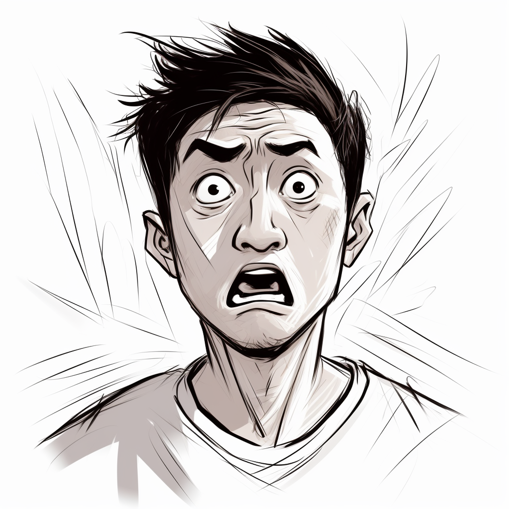 Cartoon drawing of intense Asian man