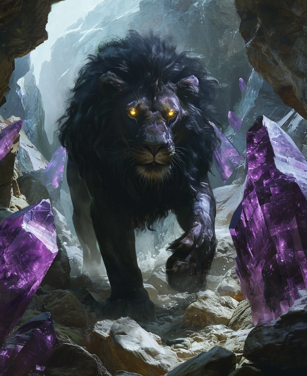 Majestic black lion with glowing eyes and purple crystals