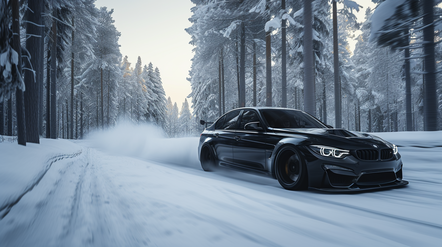 Black lowered BMW M3 sedan in snowy forest