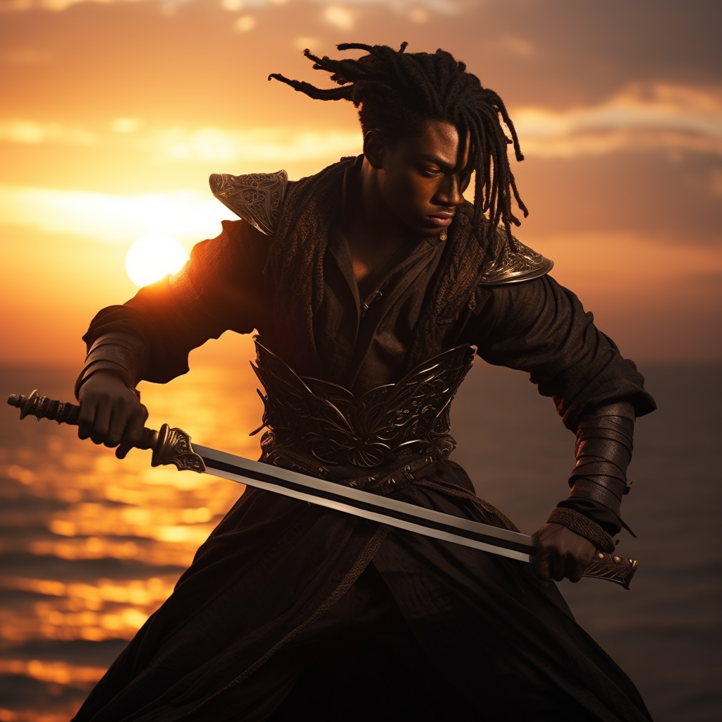 Black male swordsman in action