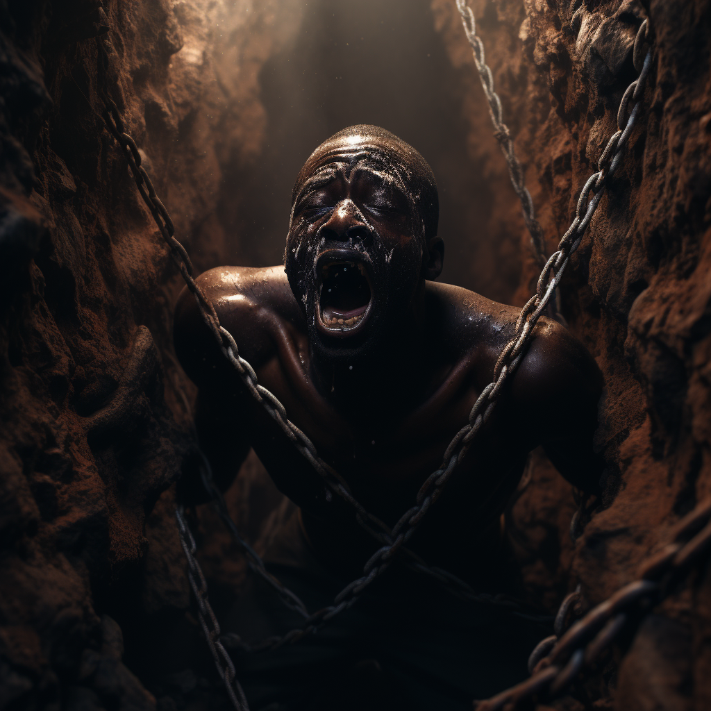 Black man struggling to climb out of a deep pit