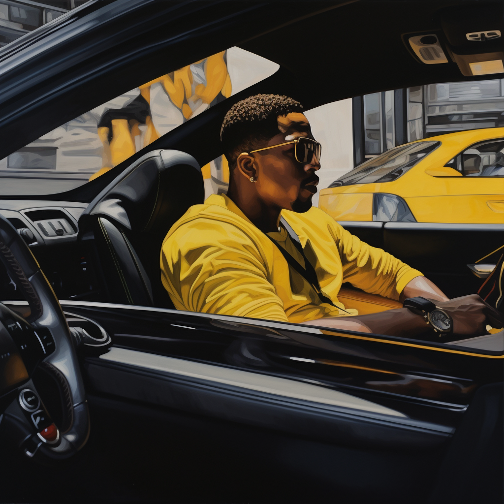 Black man driving convertible yellow sport car