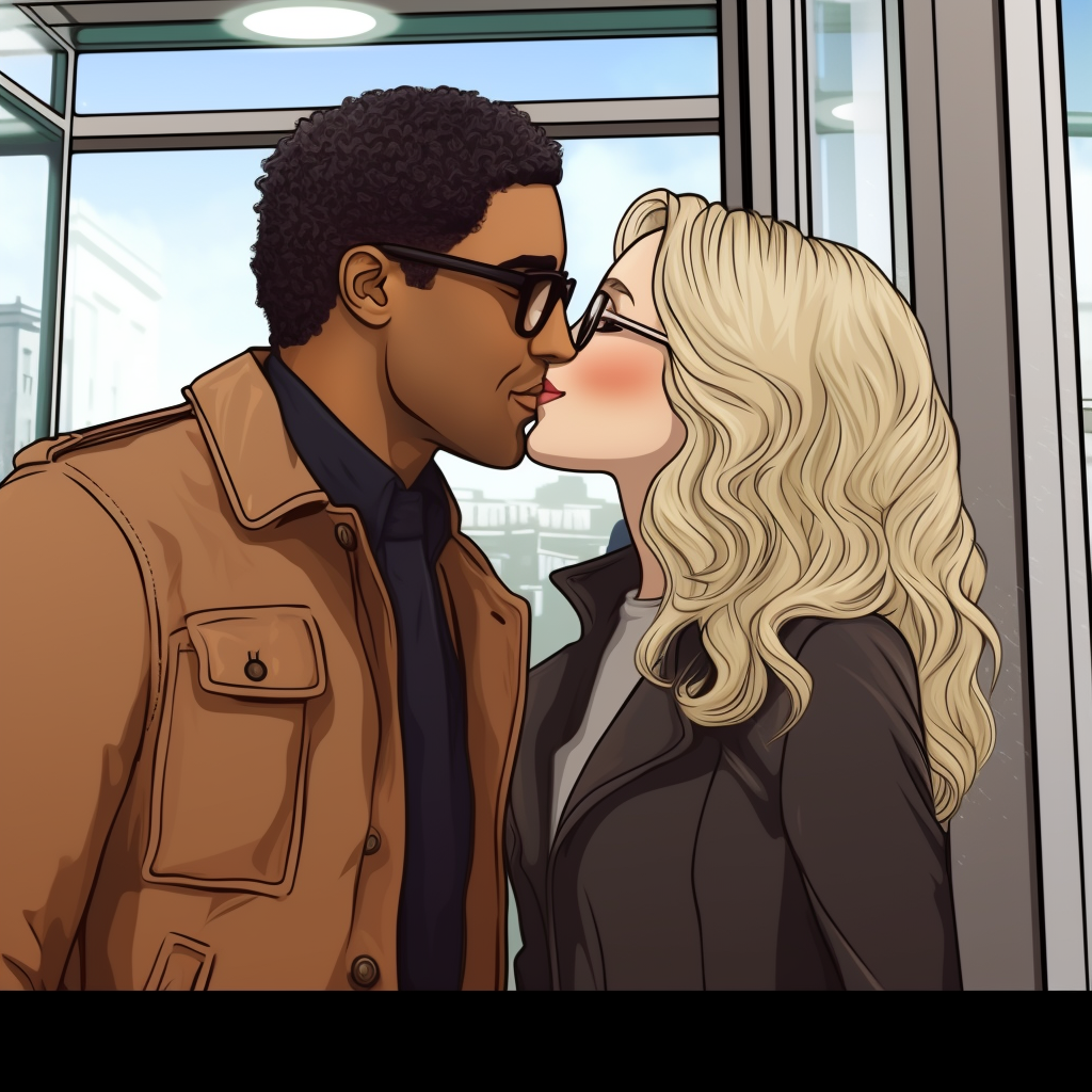 Black man kissing blonde woman goodbye