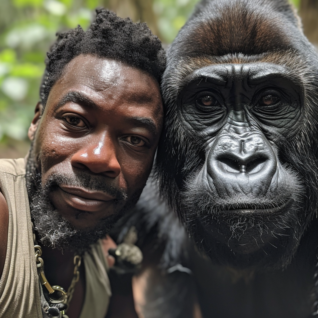 Black man standing next to a gorilla