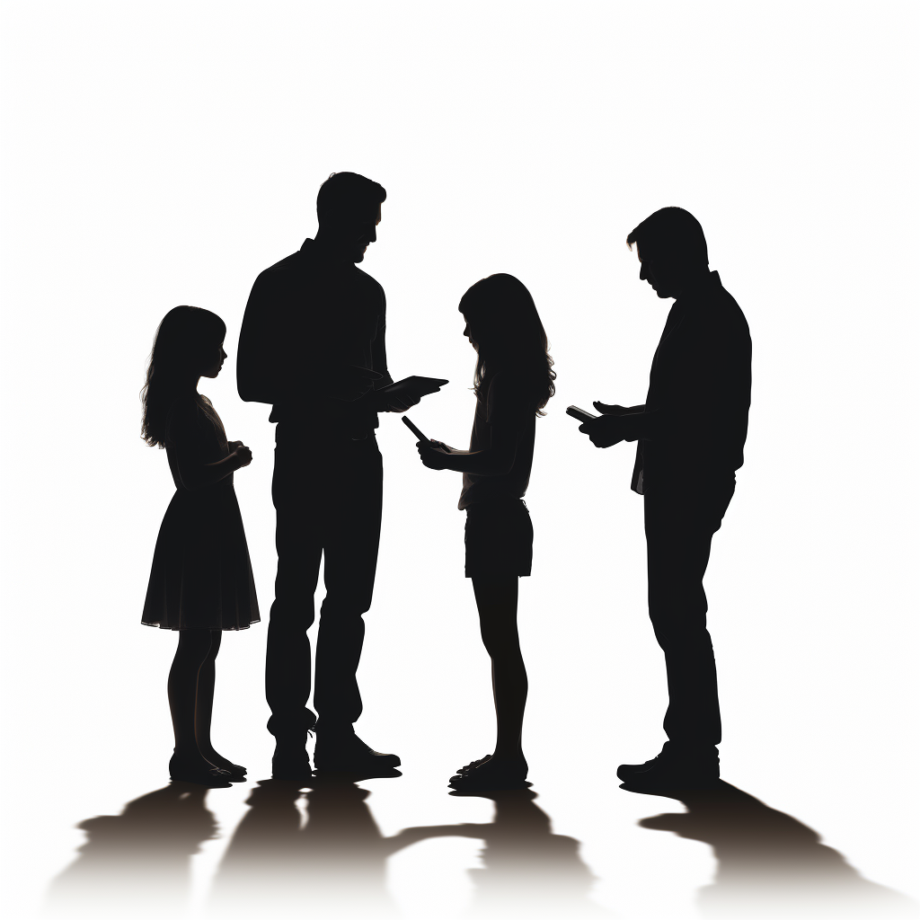 Silhouette of man holding iPad talking to family