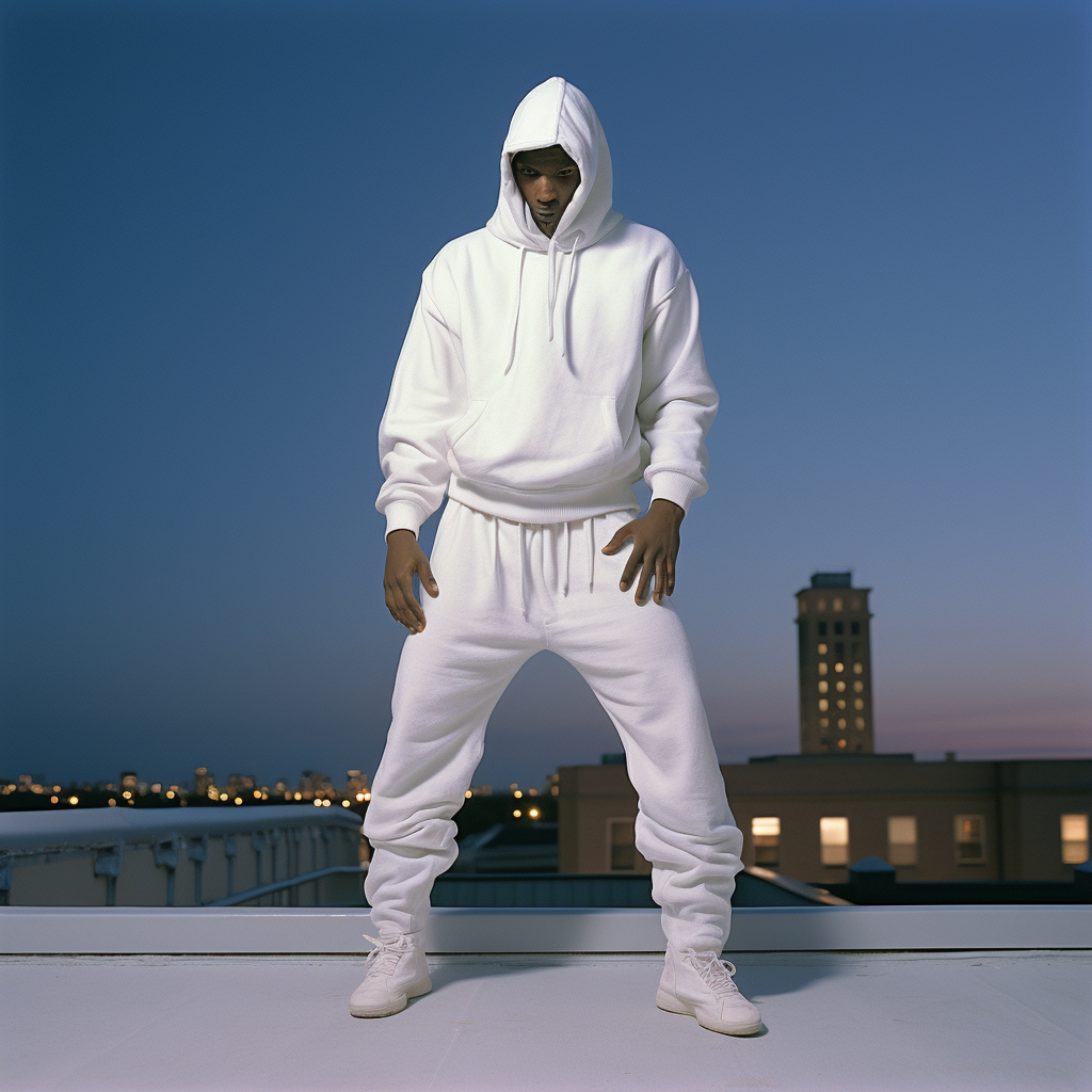 Black man wearing Japanese warrior hoodie on rooftop