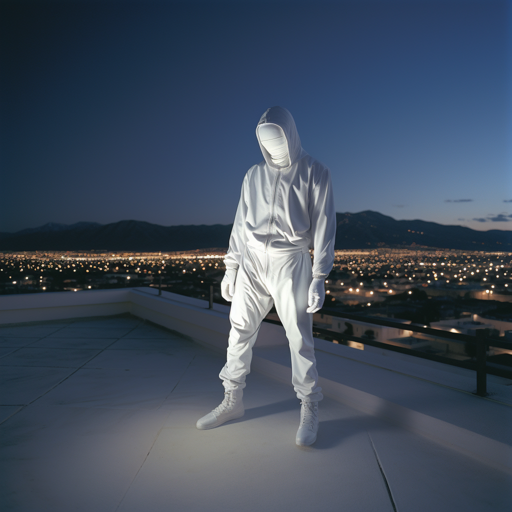 Black man in Japanese warrior mask on rooftop