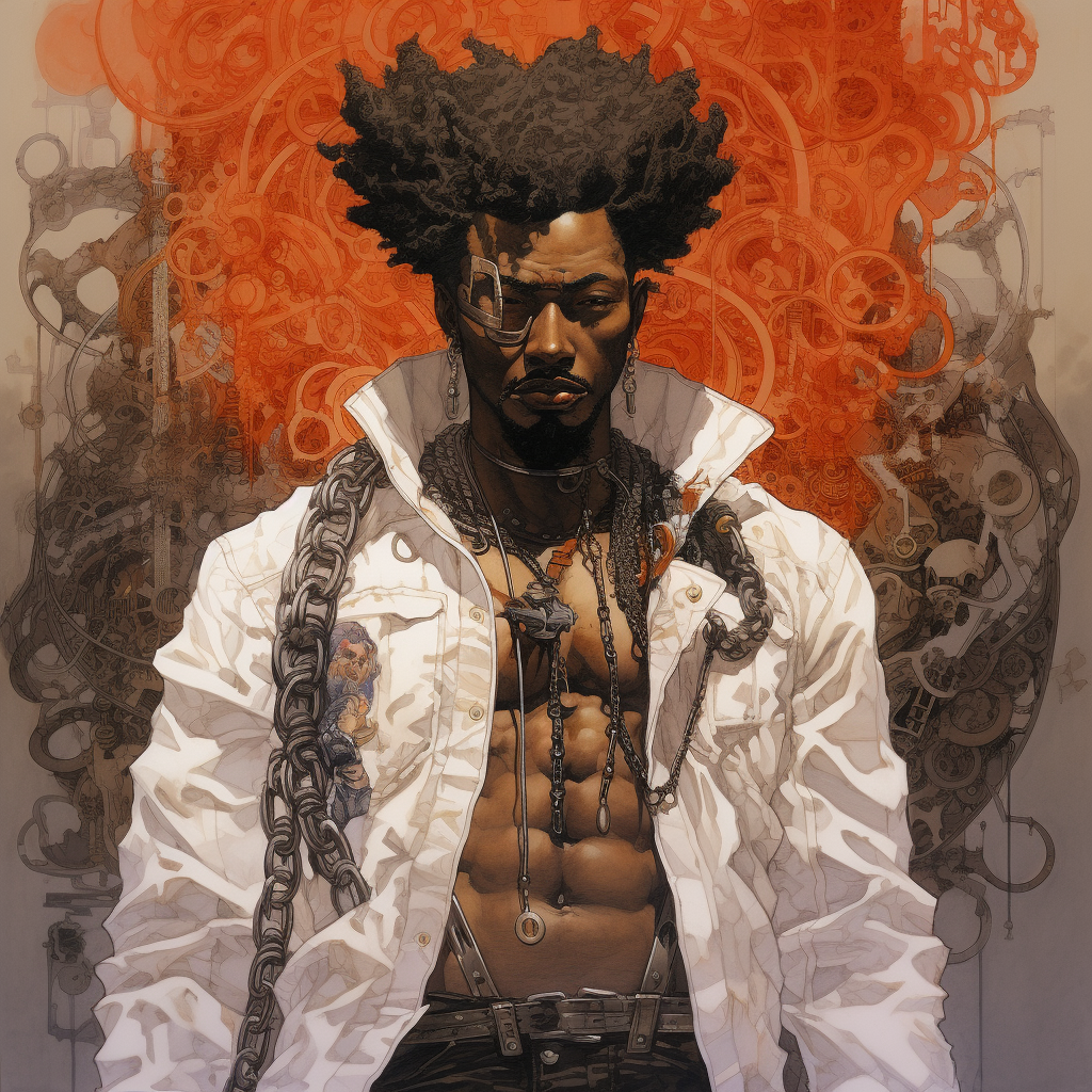 Artistic portrayal of a black man in Katsuya Terada style