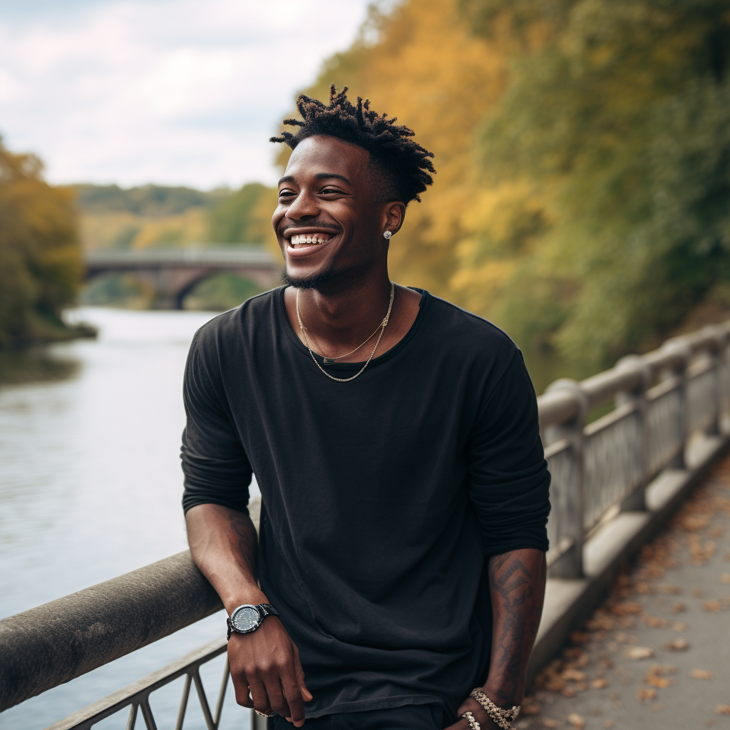 Black man smiling by river rail