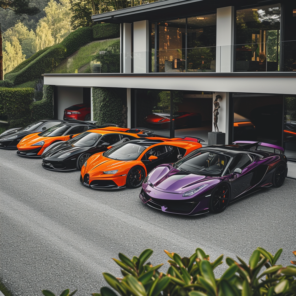 Wealthy black man surrounded by supercars