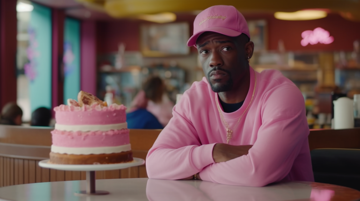 Black man with pink cake at suburban restaurant