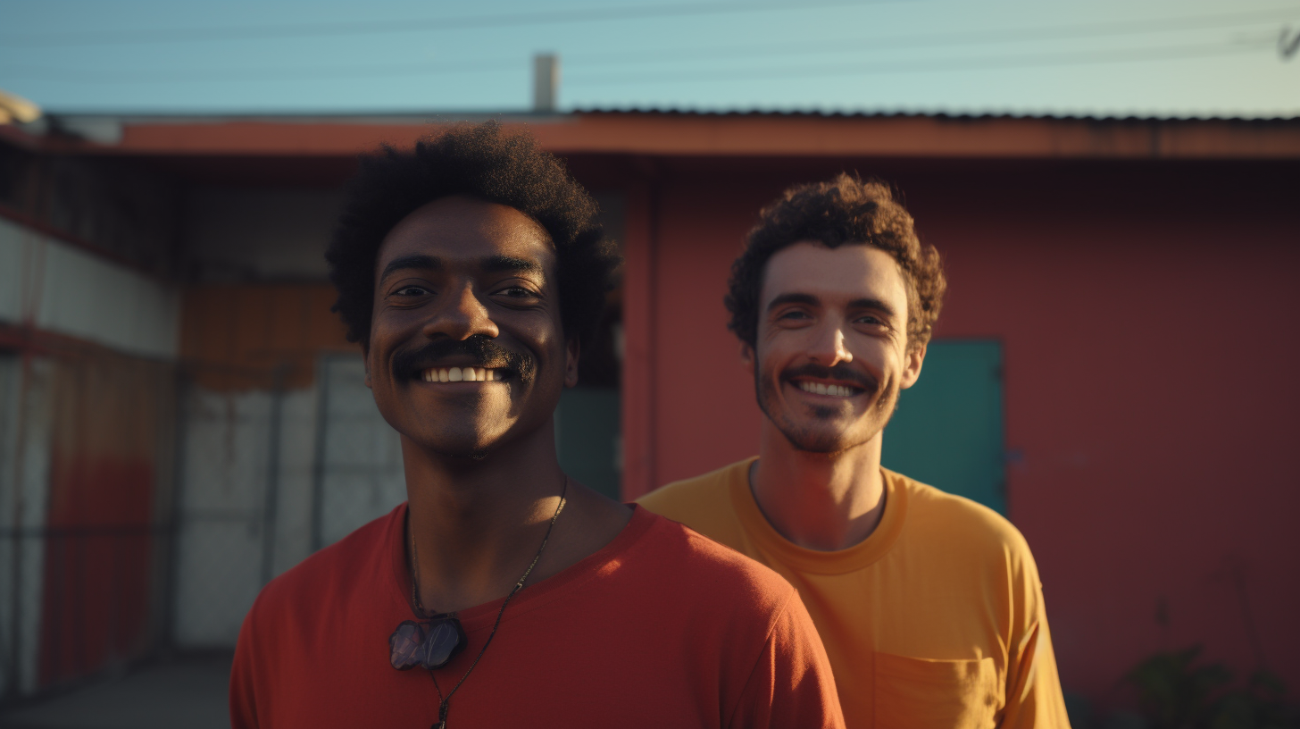 Smiling Black Man and Friend in Red Shirt