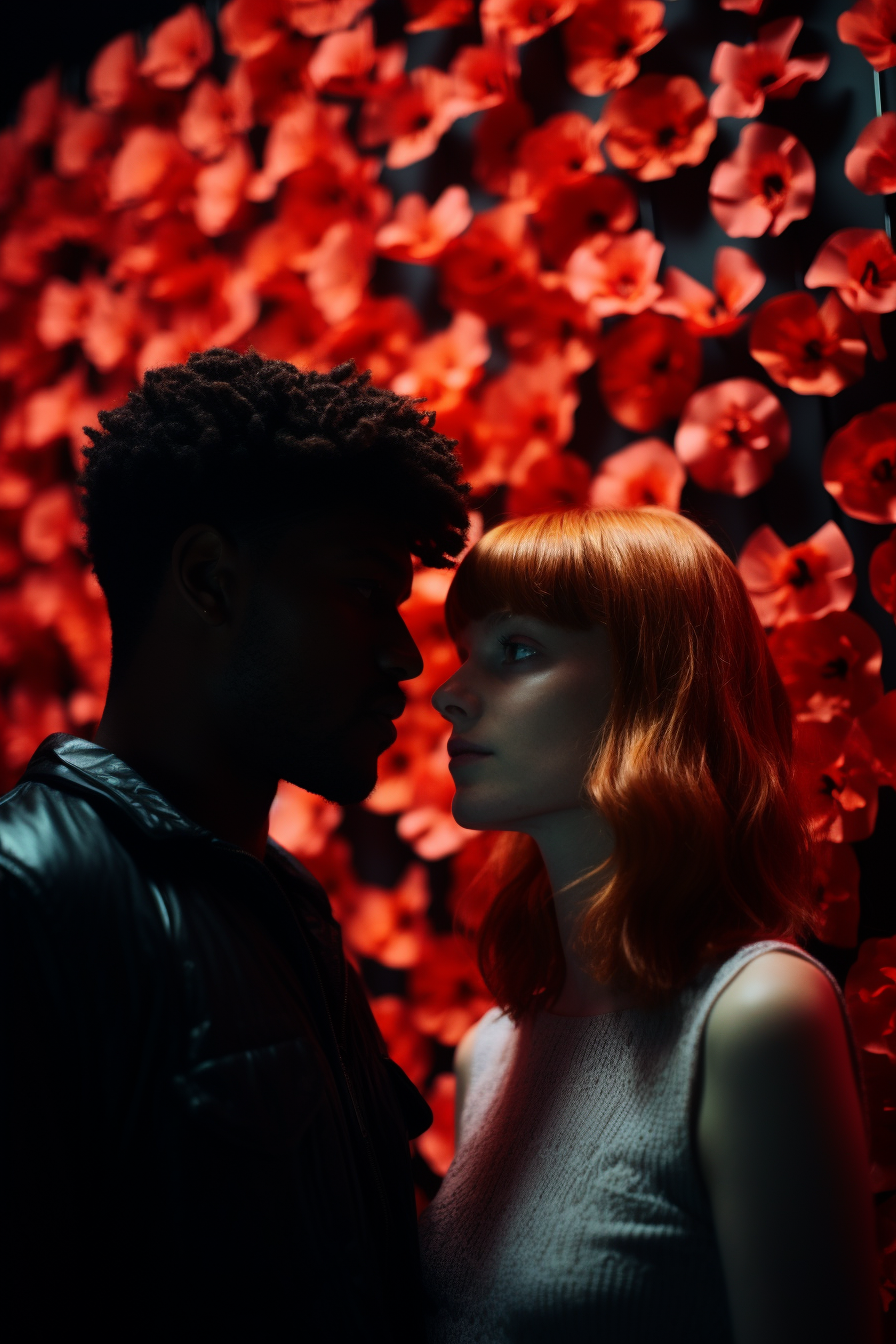 Black man and redhead woman with flowers