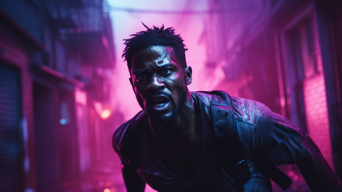 Black Man Running in Purple Lit Neon Alley