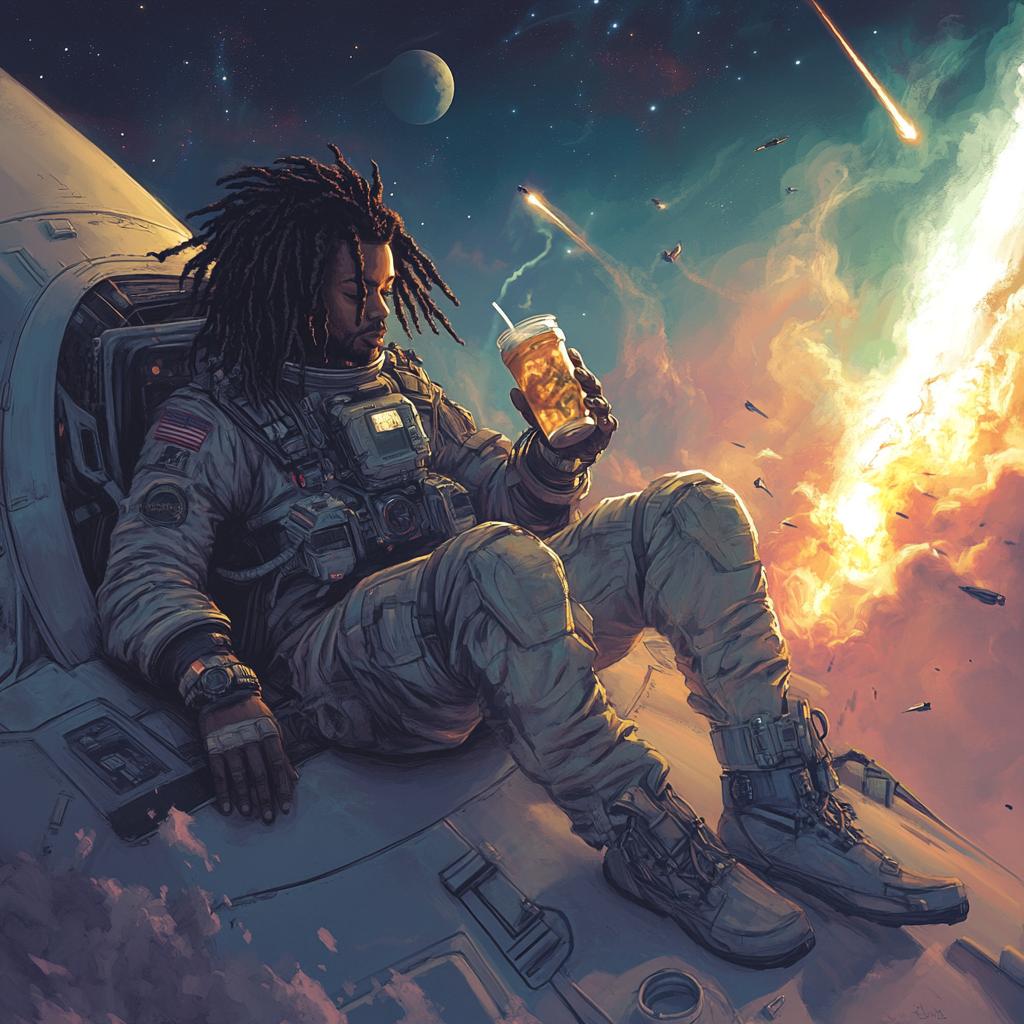 Black Man in Spacesuit Sipping Drink