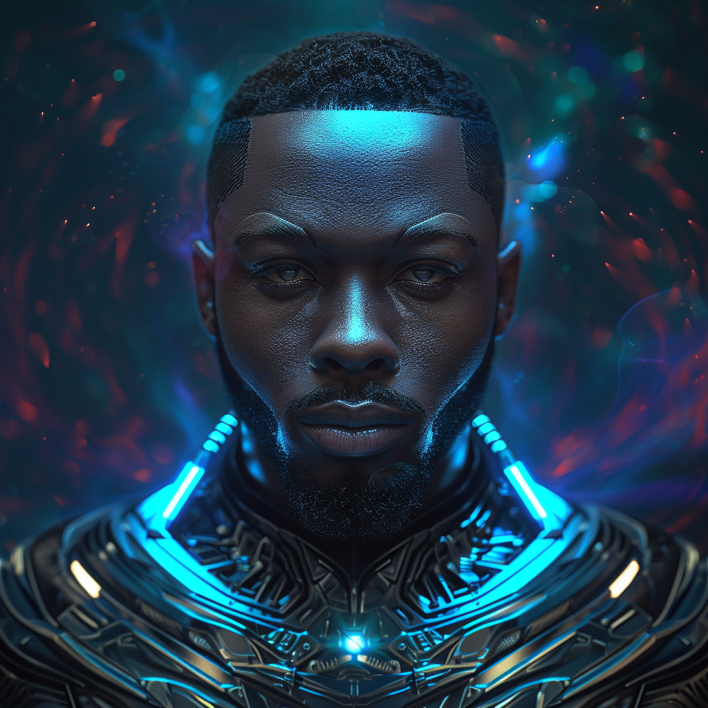 Photorealistic black man superhero with galactic power