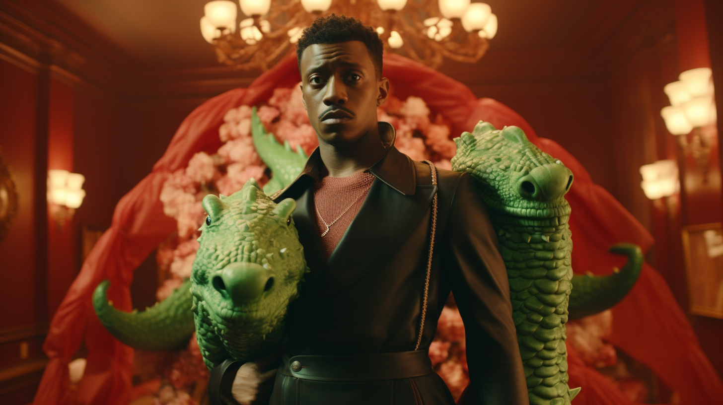 Stylish black man with alligator float in red room