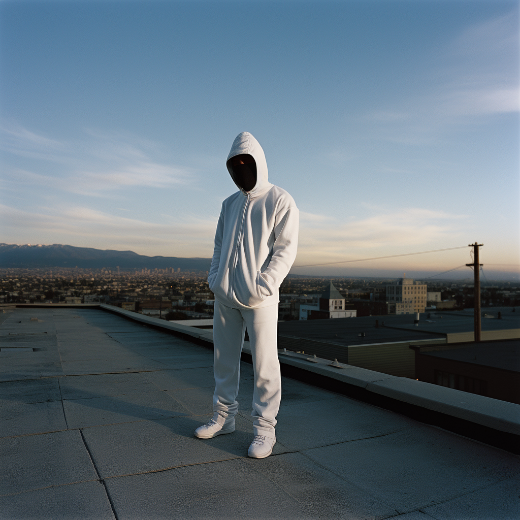 Black man in white hoodie with mask and hood