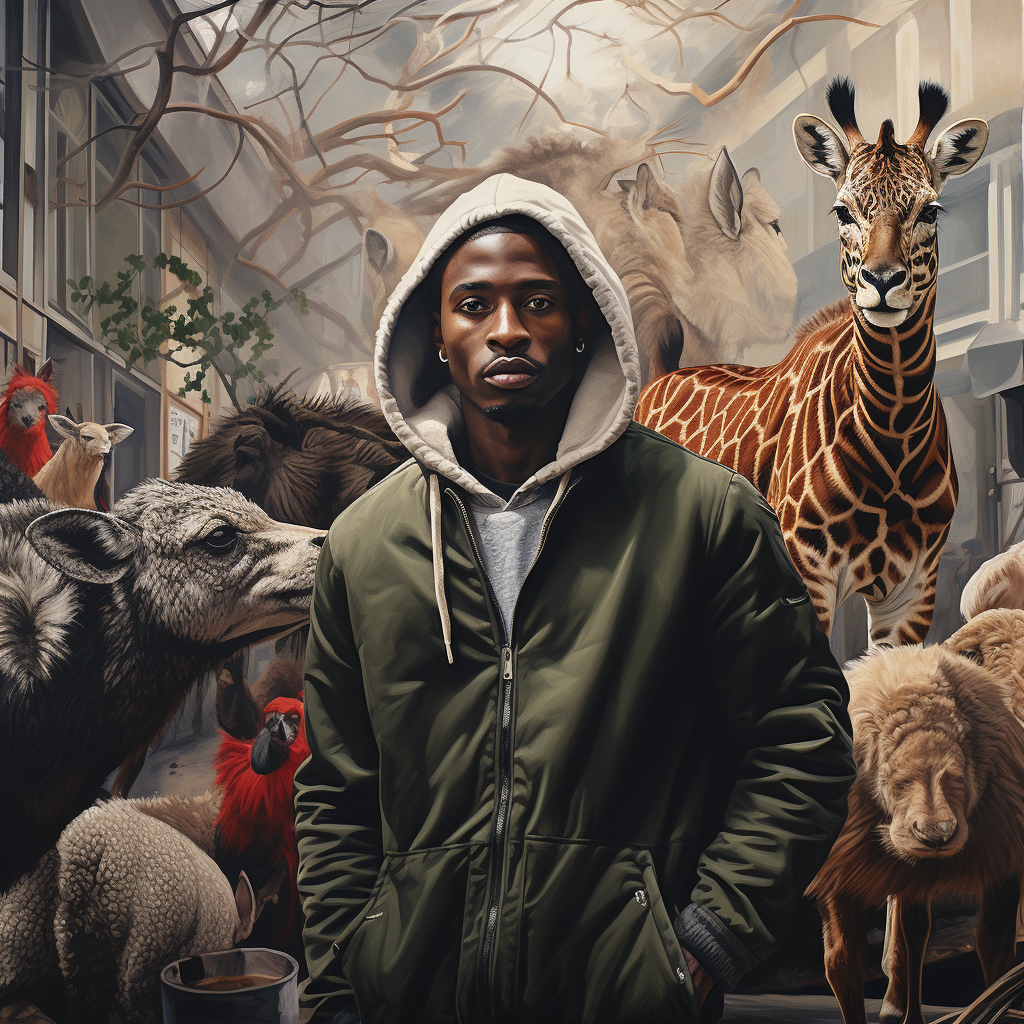 Black man walking in street with wild animals