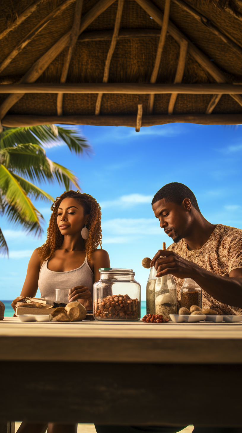 Black man and woman at table with natural supplements on tropical beach