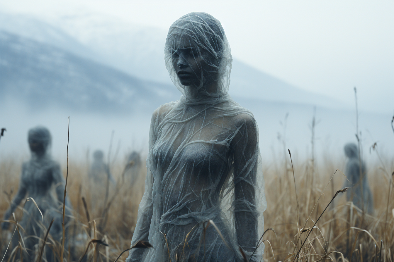 Black mannequin on snowy mountain grass