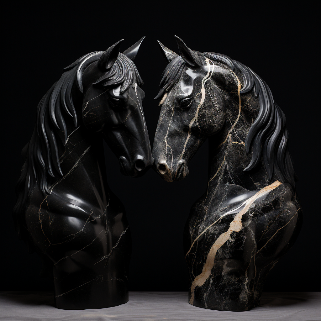 Two black marble horse heads