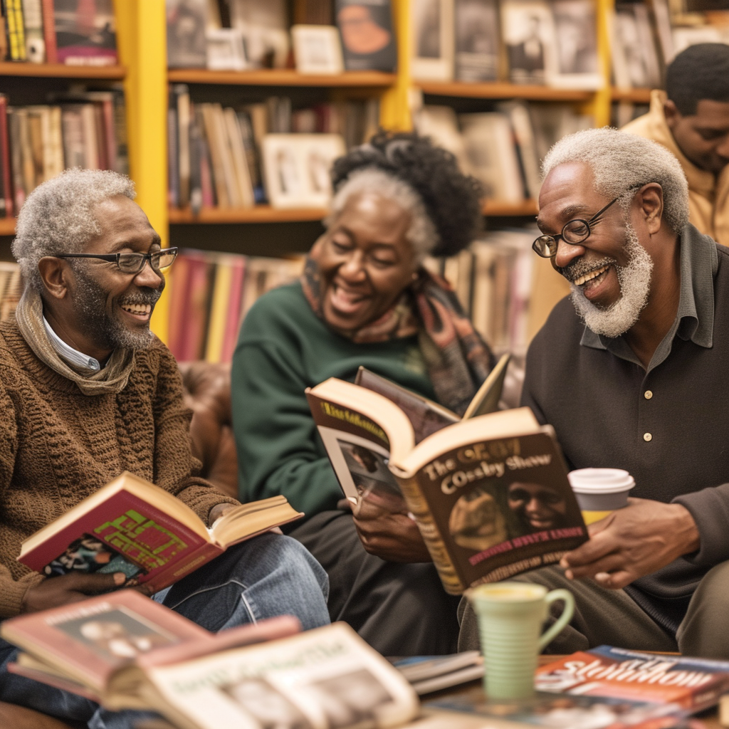 Smiling black men and women reading books