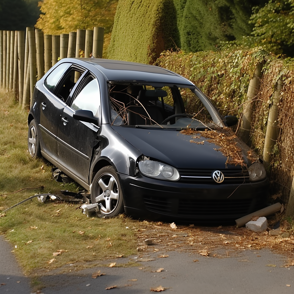 Black VW Golf 2006 crashed in roadfence