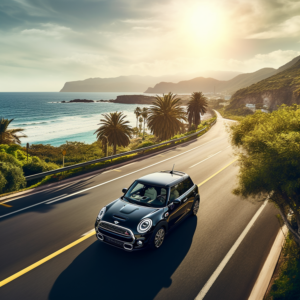 Black Mini Cooper S Convertible Driving on Coast