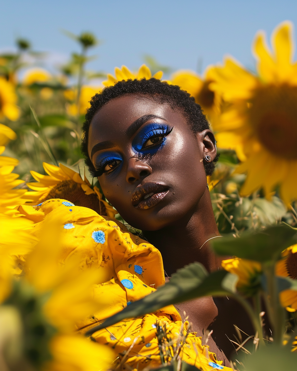 Beautiful black model wearing yellow clothes and striking makeup