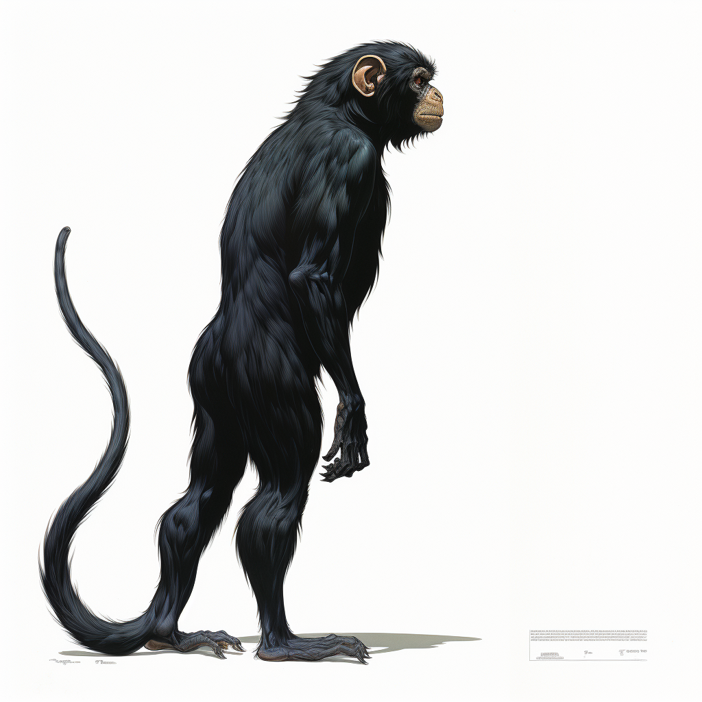 Black monkey stands up with no tail