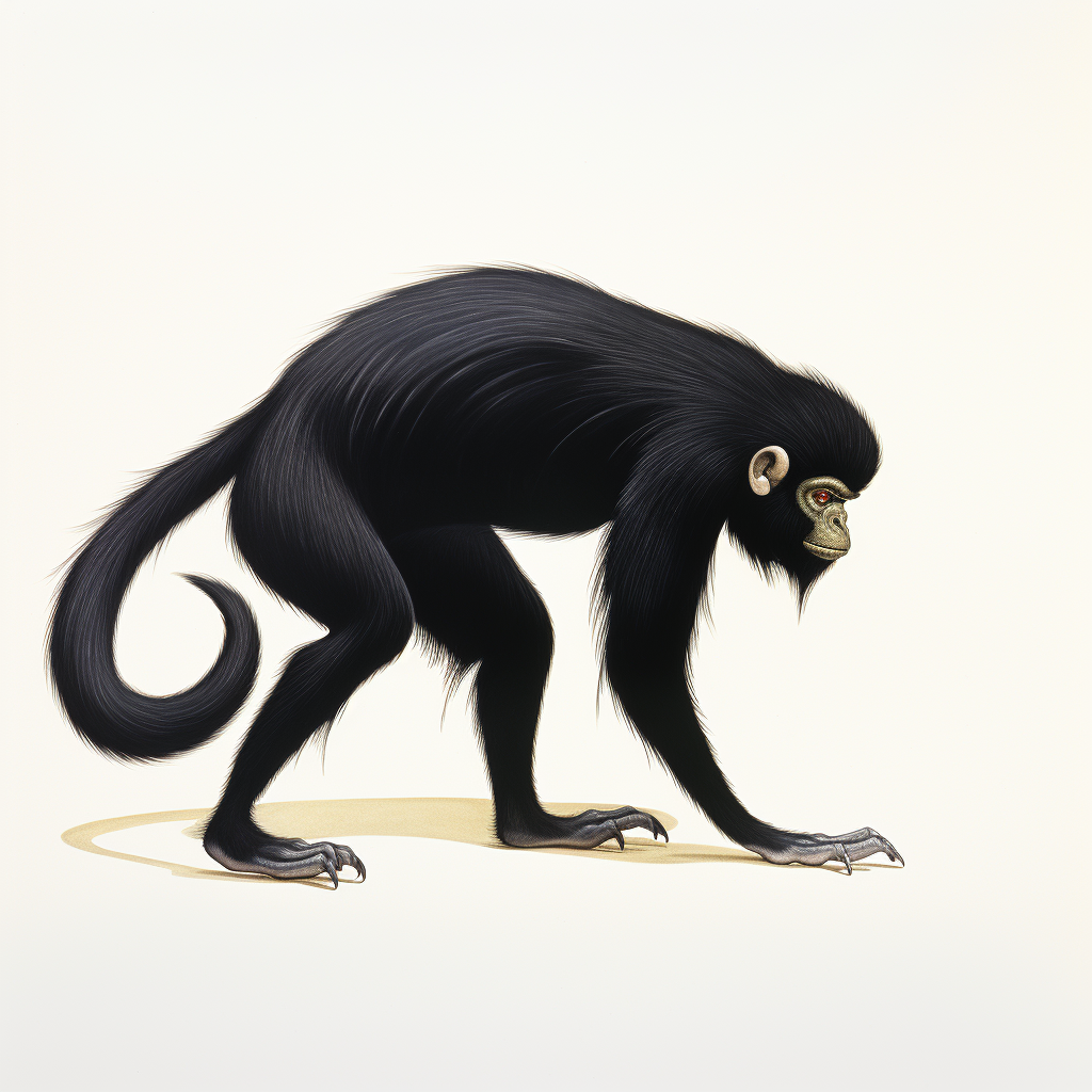 Side view of a black monkey walking on all fours