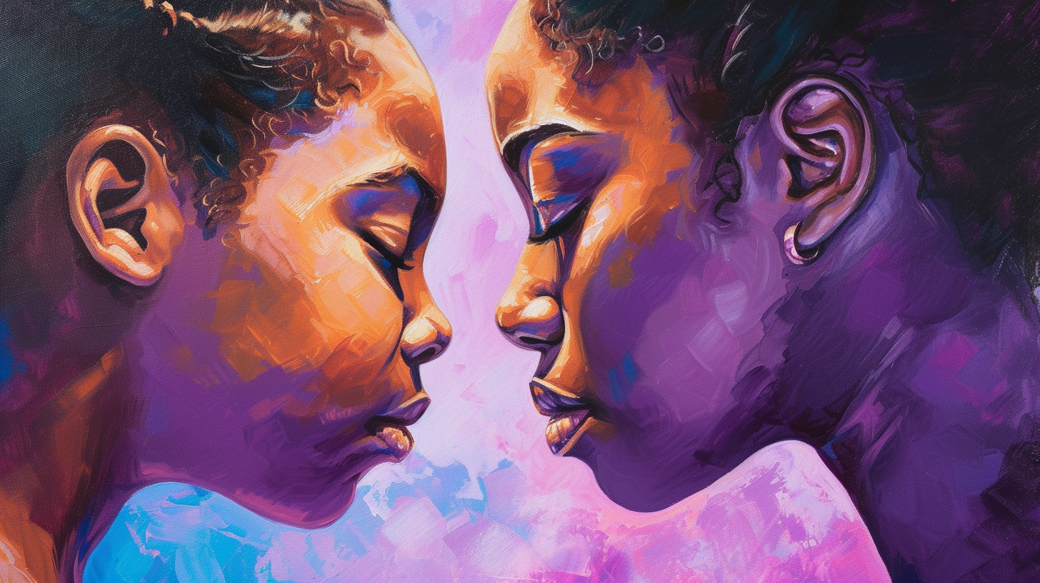 Black mother and daughter on purple background