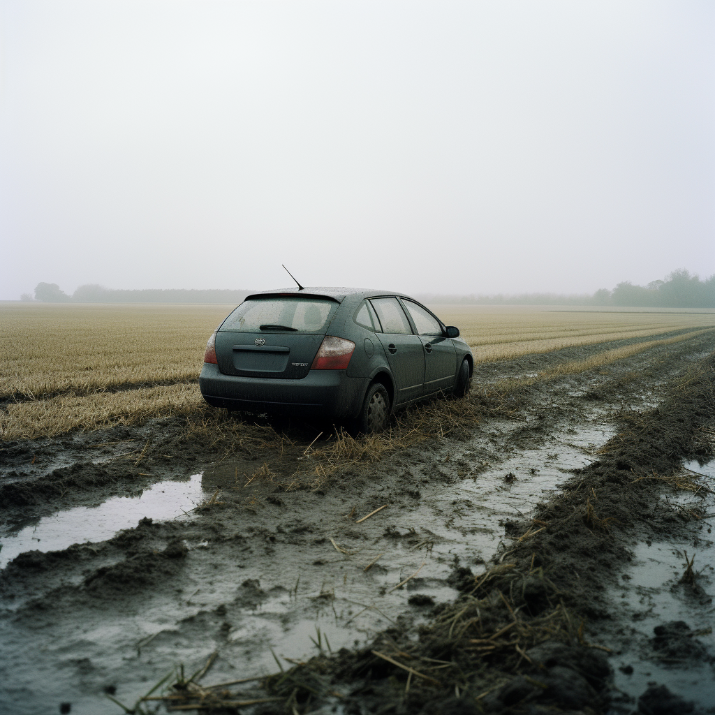 Black muddy Toyota Prius stuck in wet field