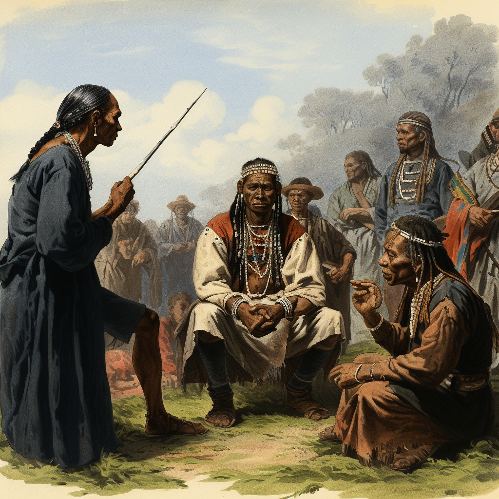 Black Native Americans talking to Black Europeans