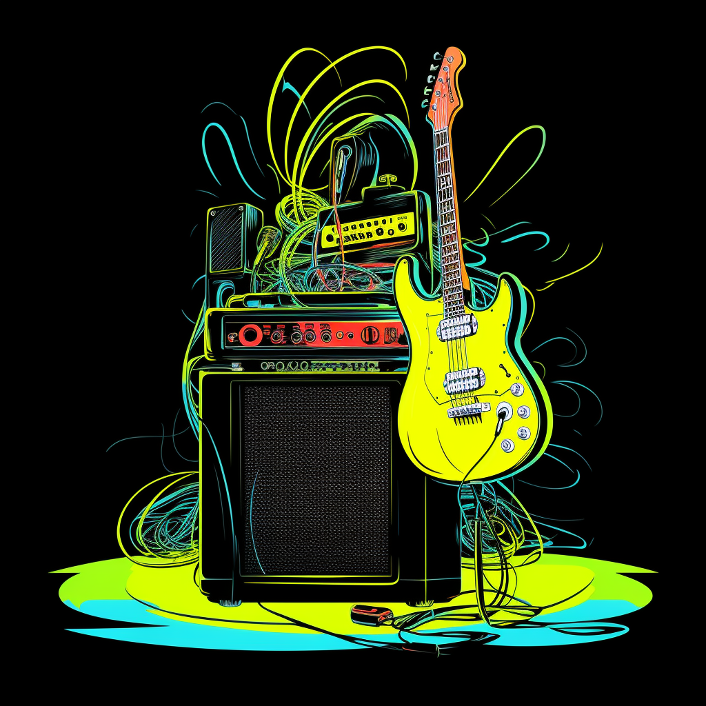 Colorful line drawing of 1960s sound speaker and rock guitar