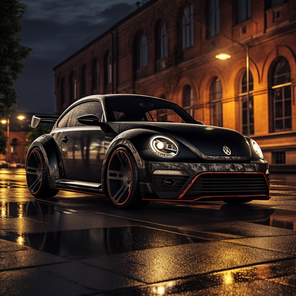 Black night beetle car on wet asphalt