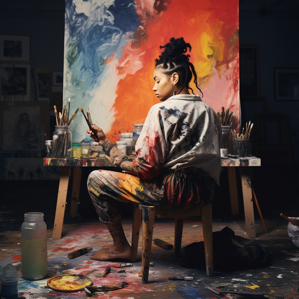 Black non binary painter working in studio