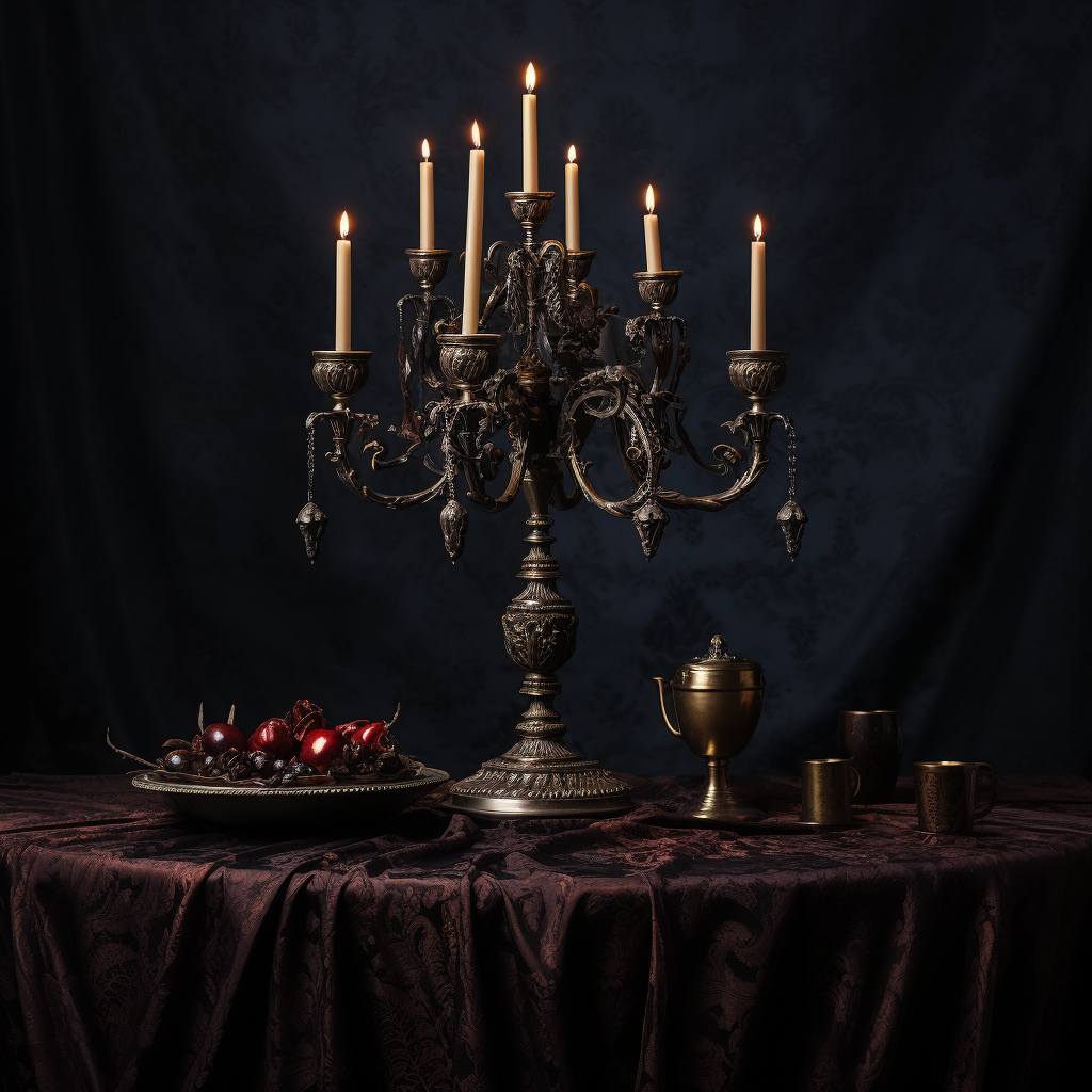 Elegant candelabra on black paisley tablecloth